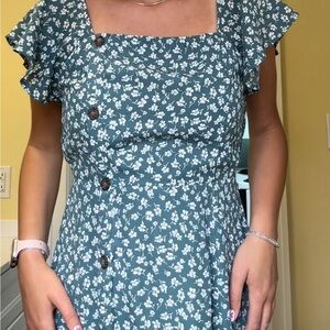 Teal Sundress with Flutter Sleeves, Square Neck, Buttons